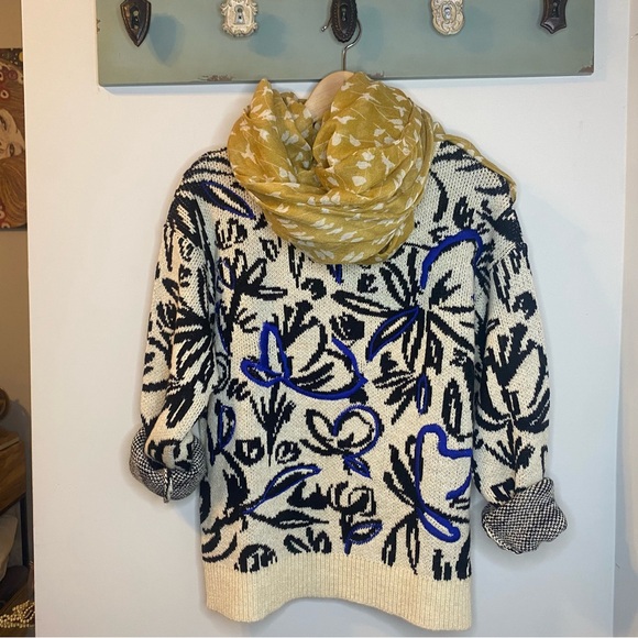 Anthropologie Floral Patterned Sweater - Cream and Black with Blue Embroidery - Picture 9 of 9